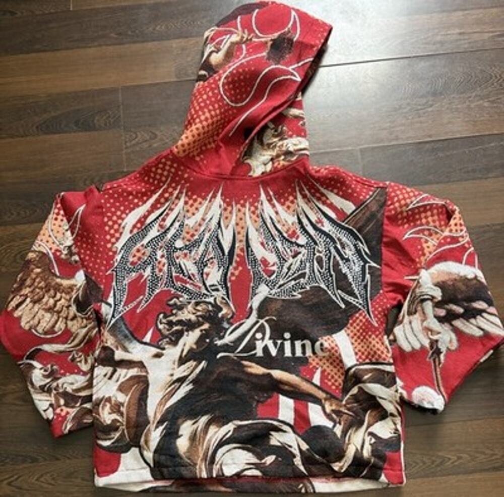 Rebel Minds Heaven Rhinestone Tapestry Hoodie Red Size M